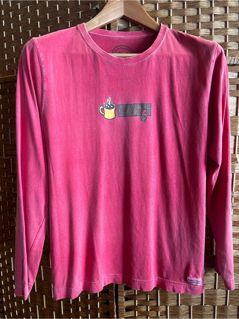 Life Is Good Raspberry Pink Coffee Chocolate Graphic Long Sleeve Tee Women M